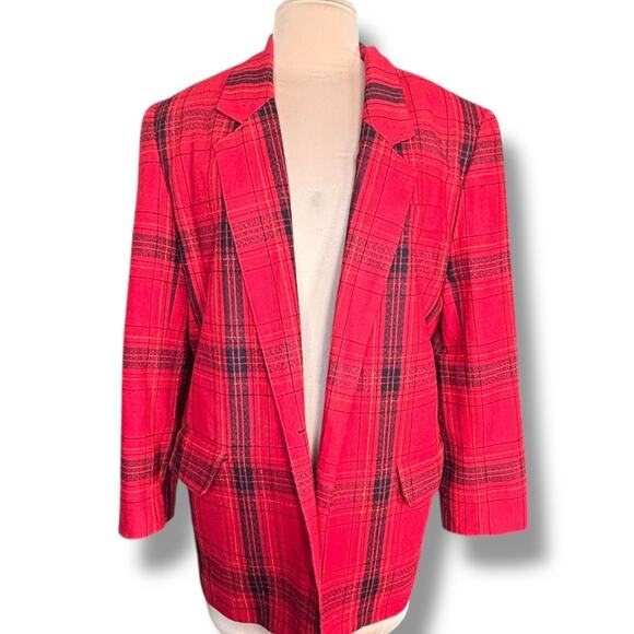 Vintage 90s Red Black Plaid Blazer Oversized 90s Tartan Jacket Gold Buttons - Picture 1 of 13